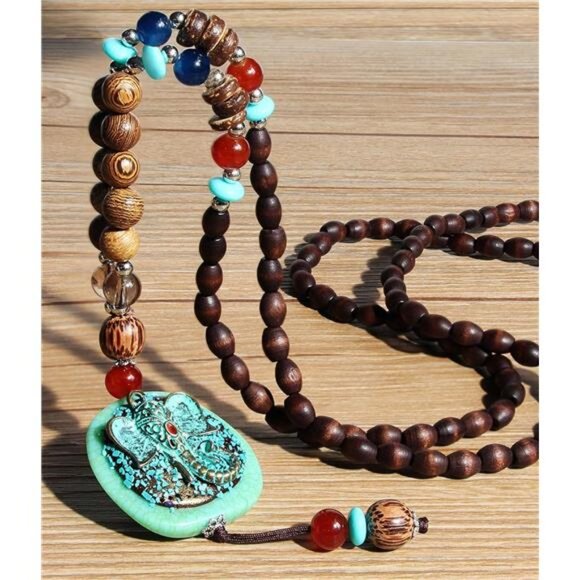 Vintage Long Necklace Handmade Turquoise Wood Beads Necklace for Women Fashion - Picture 4 of 8